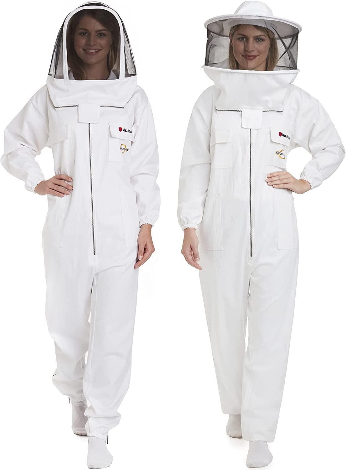 Natural Apiary Max Pro Cotton Suit Includes 2 x Non-Flammable Veils (Round & Fencing) Maximum Sting Protection for Professional & Beginner Beekeepers, X Small, White
