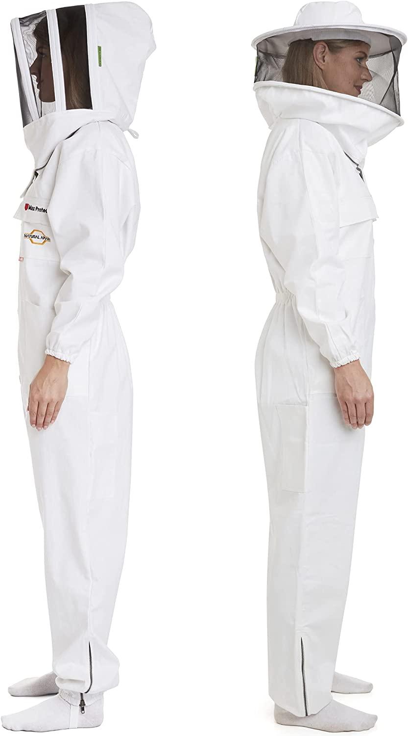 Natural Apiary Max Pro Cotton Suit Includes 2 x Non-Flammable Veils (Round & Fencing) Maximum Sting Protection for Professional & Beginner Beekeepers, X Small, White