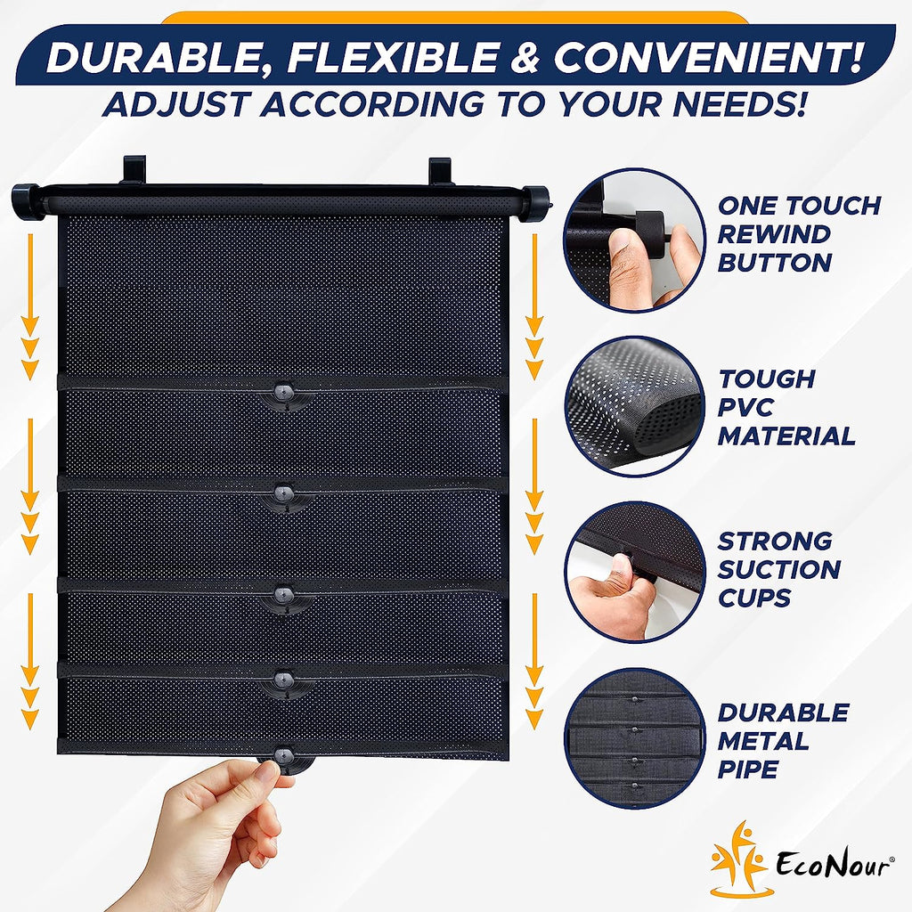 EcoNour Car Side Window Sun Shade (2 Pack) | Retractable Car Roller Sunshade for Kids | Baby Car Window Shades for UV and Sun Glare Protection | Baby Car Travel Accessories (15"x17")