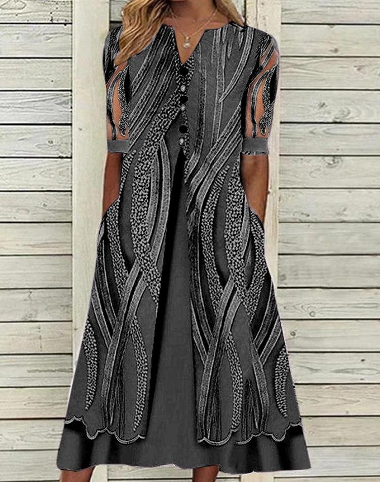 V-neck Printed Loose Short Sleeve Maxi Dress