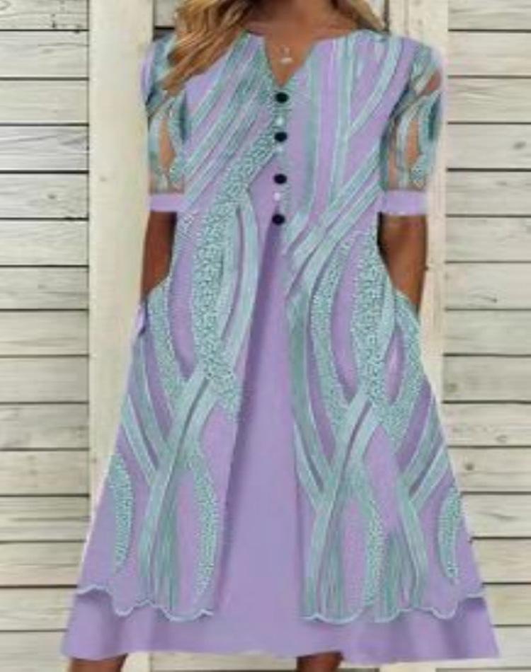 V-neck Printed Loose Short Sleeve Maxi Dress