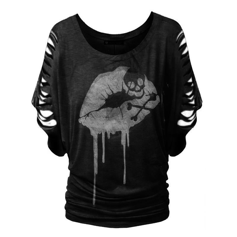Skull print ladies casual bat sleeve short sleeve