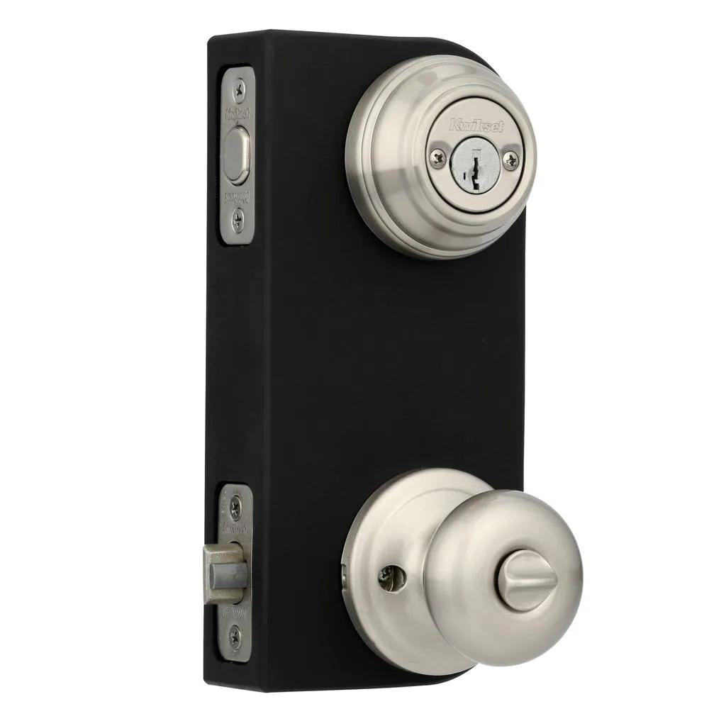 Juno Satin Nickel Exterior Entry Door Knob and Double Cylinder Deadbolt Combo Pack Featuring SmartKey Security