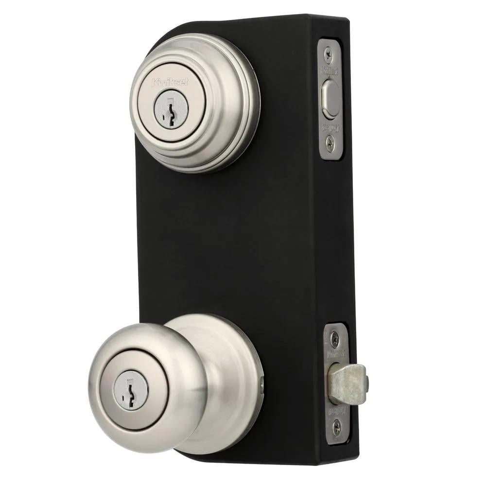 Juno Satin Nickel Exterior Entry Door Knob and Double Cylinder Deadbolt Combo Pack Featuring SmartKey Security