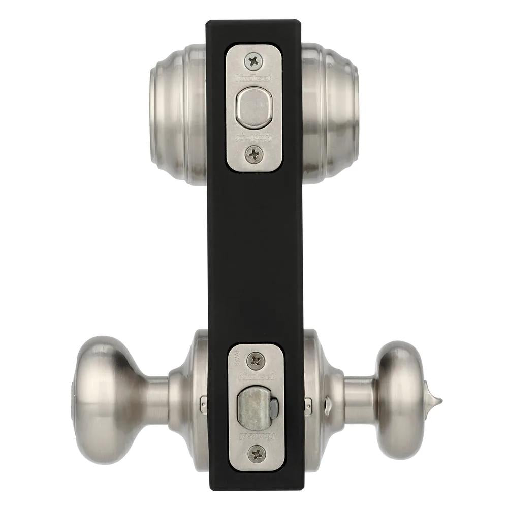 Juno Satin Nickel Exterior Entry Door Knob and Double Cylinder Deadbolt Combo Pack Featuring SmartKey Security