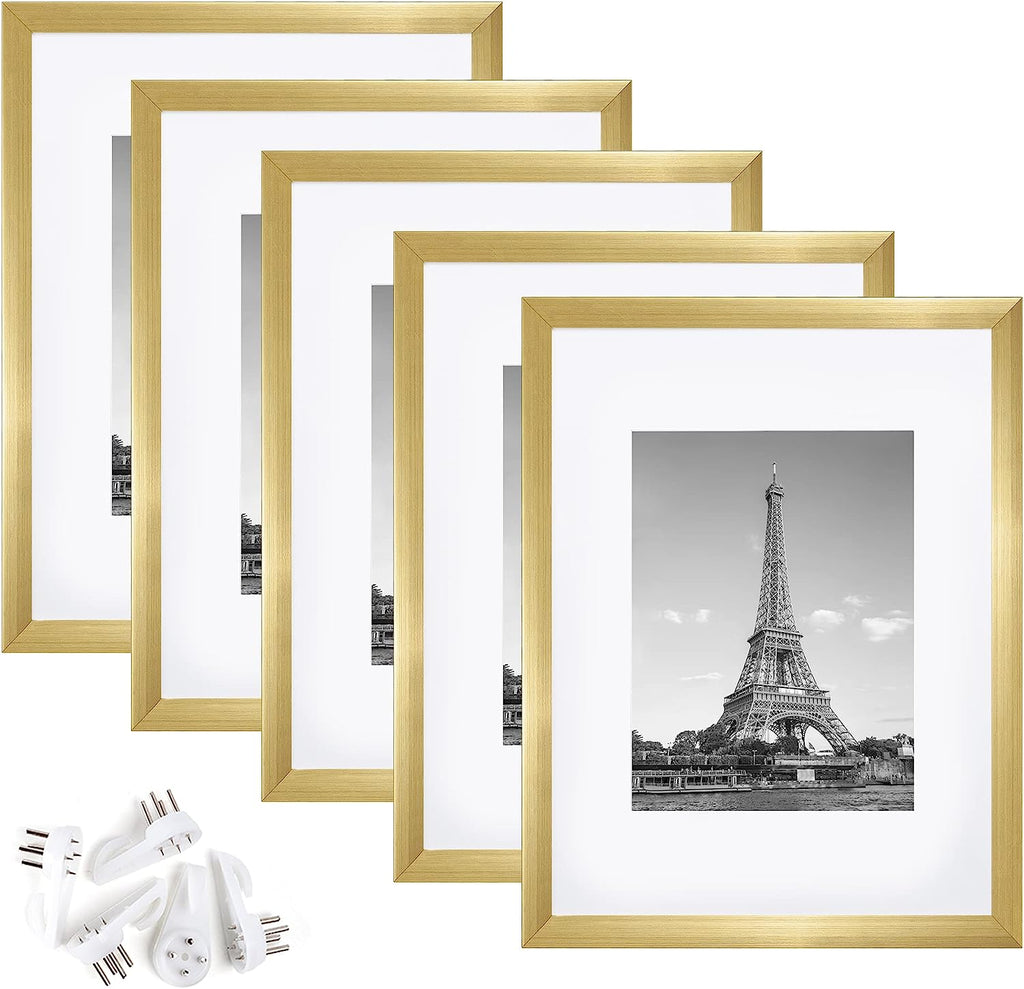 upsimples 9x12 Picture Frame Set of 5,Display Pictures 6x8 with Mat or 9x12 Without Mat,Wall Gallery Photo Frames, Gold