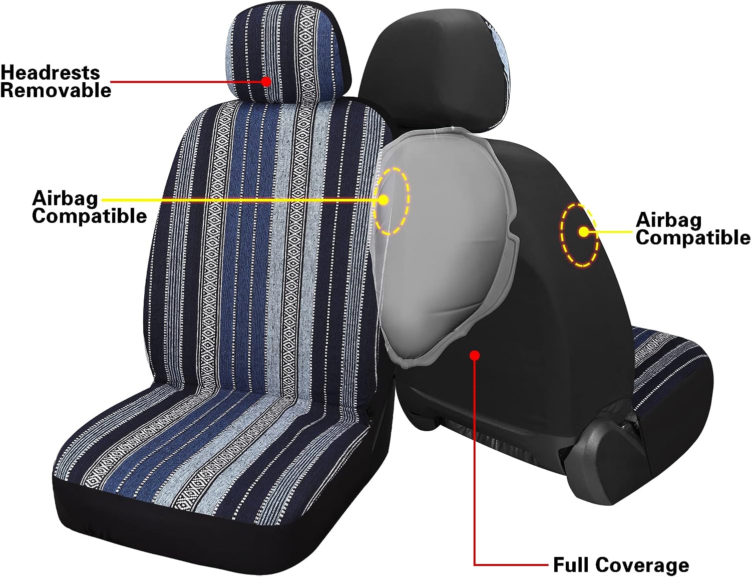 Pariitadin Baja Saddle Blanket Car Seat Covers Front Set with Seat Belt Pads, Washable Breathable Striped Woven Cloth Seat Covers for Cars, Universal Fit Most Cars, Airbag Compatible, Blue