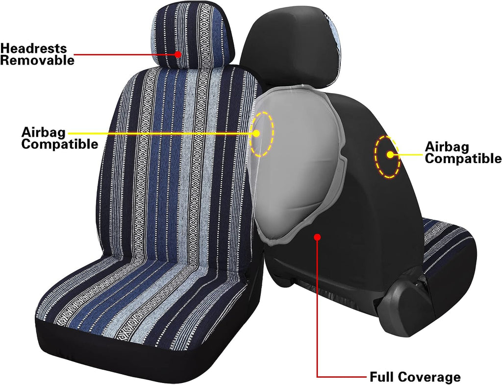 Pariitadin Baja Saddle Blanket Car Seat Covers Full Set with Seat Belt Pads, Washable Breathable Striped Woven Cloth Seat Covers for Cars Interior, Universal Fit Most Cars, Airbag Compatible, Blue