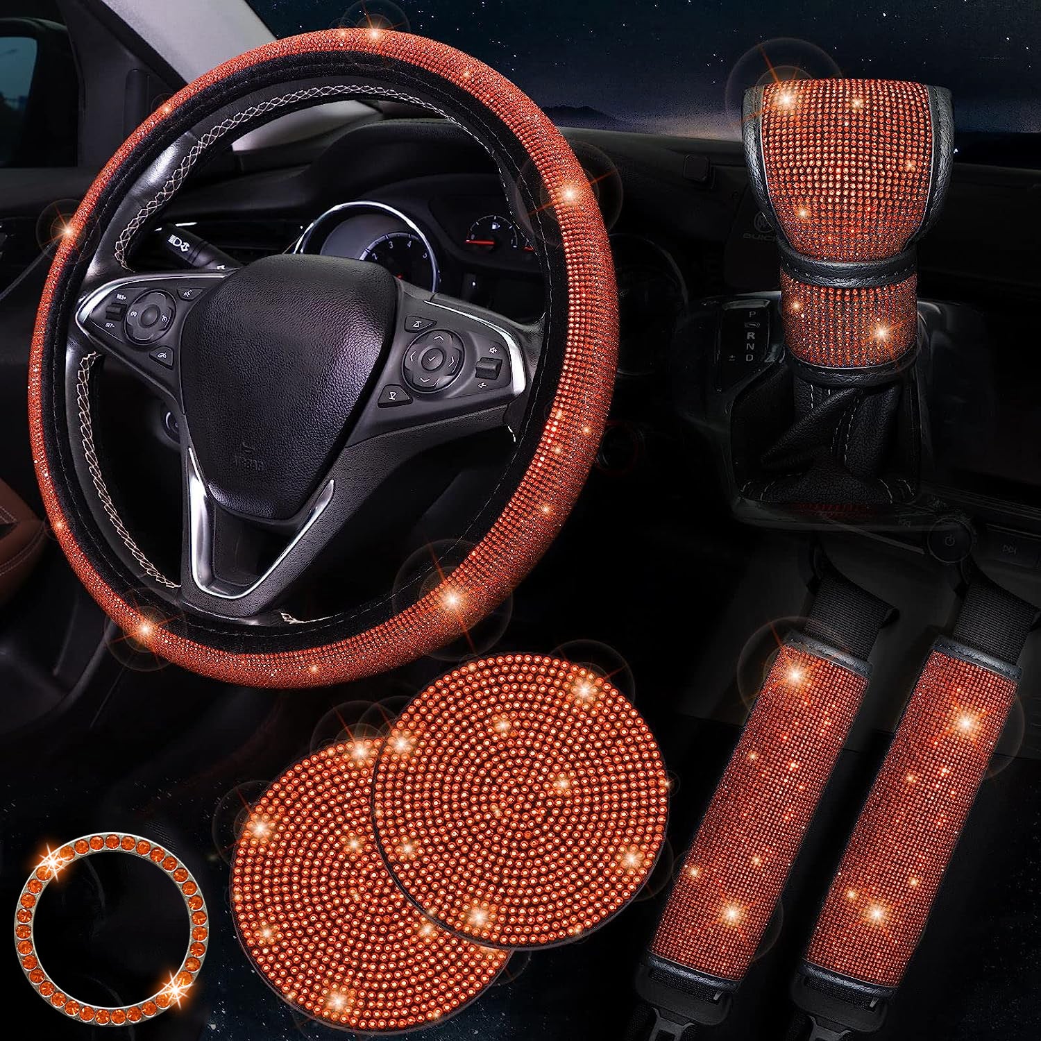 Bling Car Accessories For Women,Bling Steering Wheel Cover Bling Car Coasters Bling Set Seat Belt Shoulder Pads Ring Emblem Sticker Gear Shift Cover
