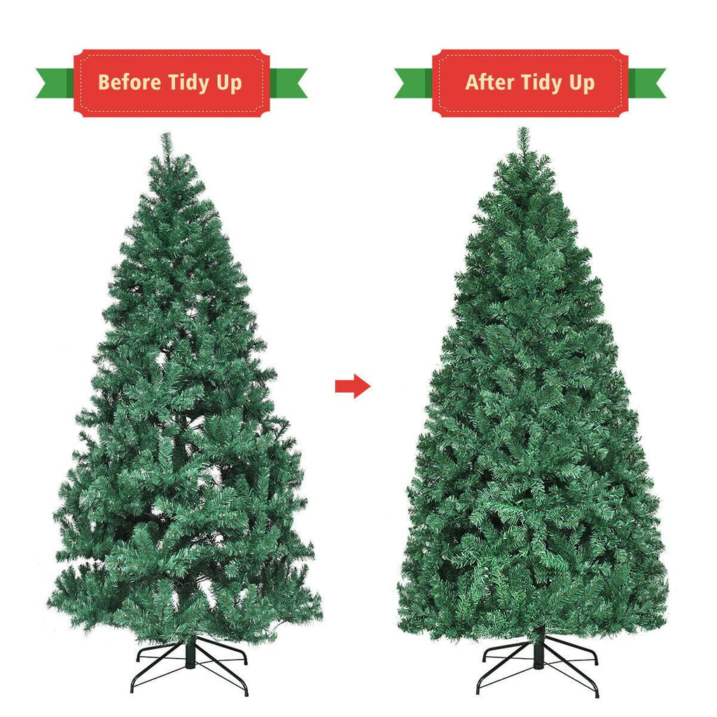 Gymax Pre-Lit PVC 7' Artificial Christmas Tree Hinged LED Lights Metal Stand