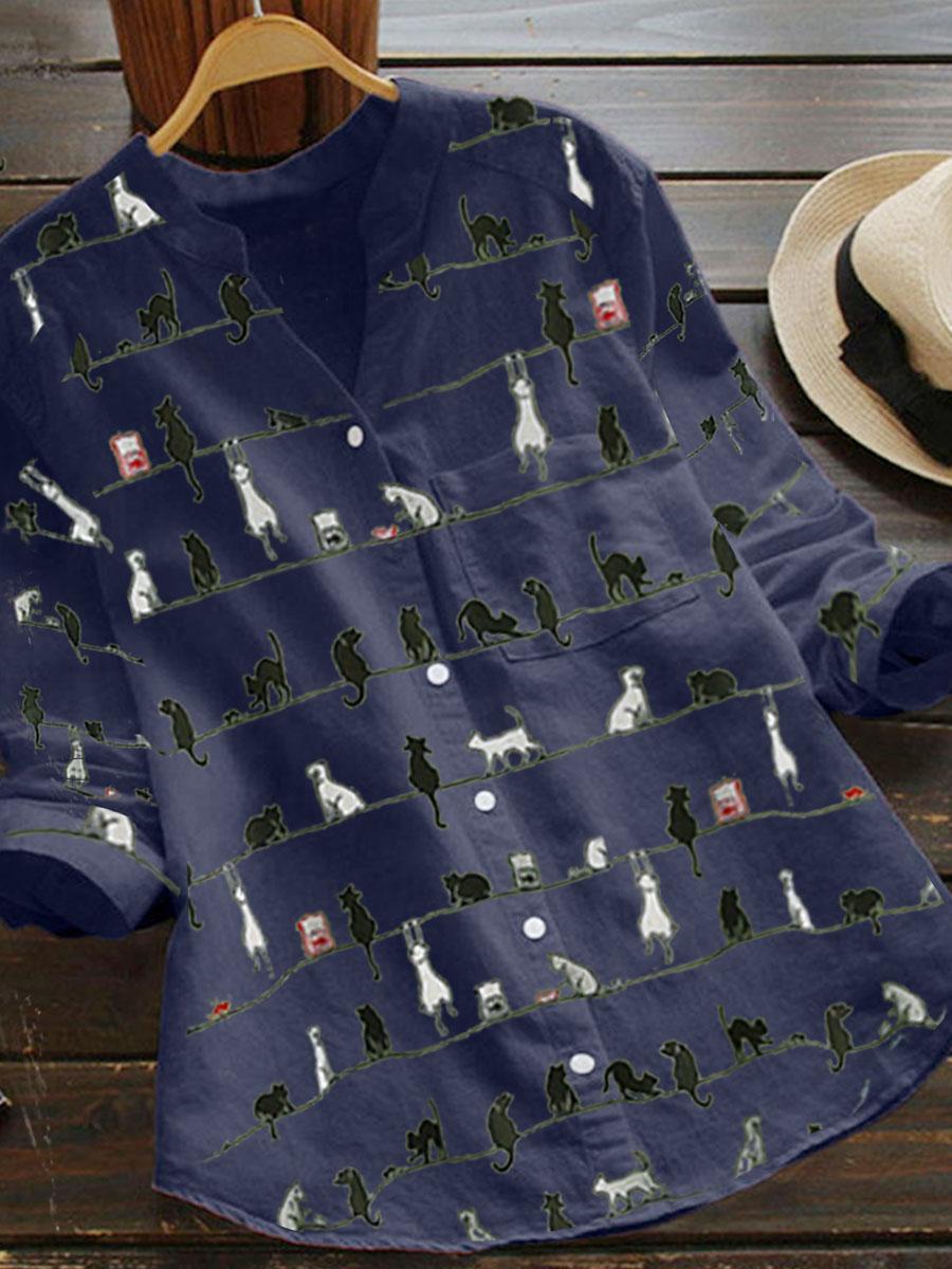 Cartoon Cat Print Casual Cotton And Linen Long Blouse