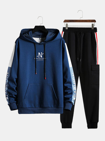mens contrast patchwork letter pattern drawstring hooded casual two pieces outfits