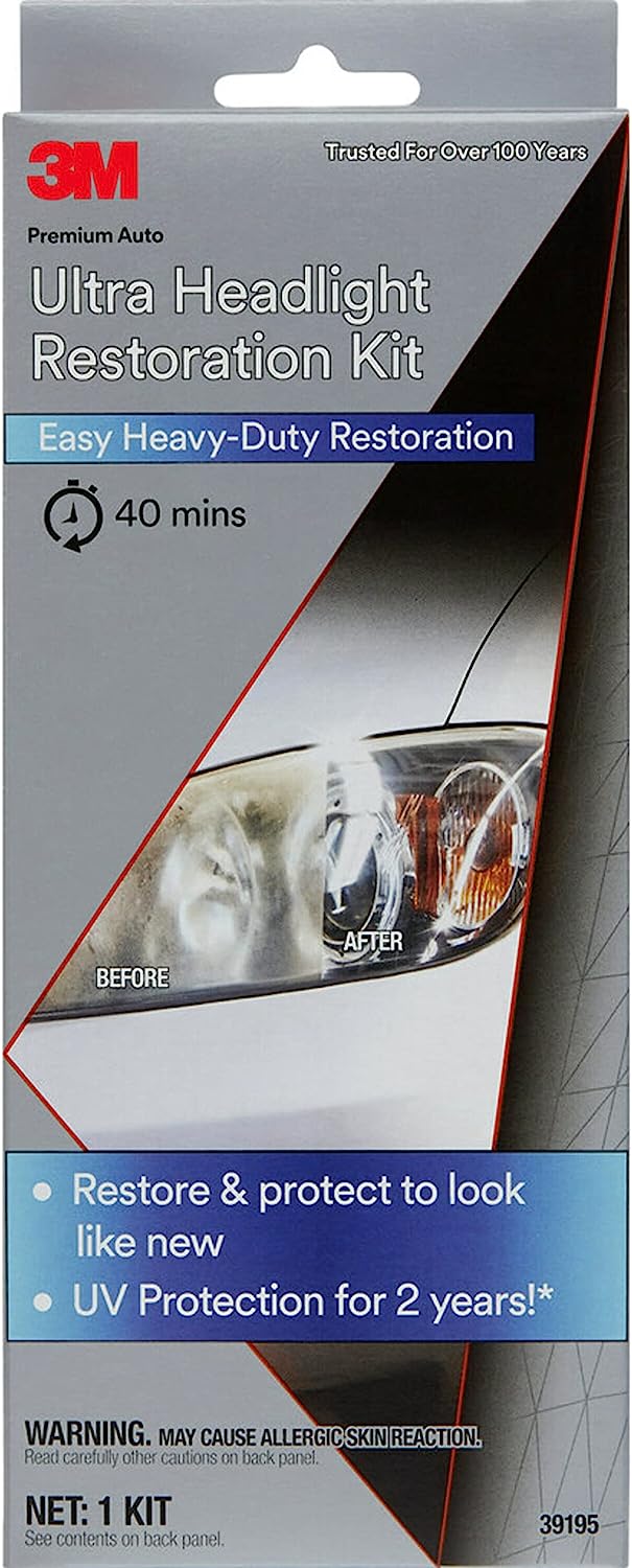 3M Ultra Headlight Restoration Kit, Easy Heavy-Duty Restoration, 39195, 1 Kit, Drill Required, Gray