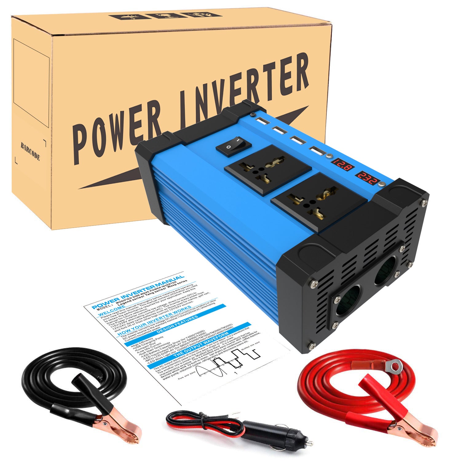 400W Power Inverter: DC 12V to AC 110V with 2 Universal Sockets, 4 USB Chargers &amp; LED Display