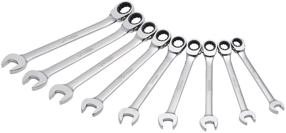 Urrea Ratcheting Combination Wrench Set - 9-Piece (1/4""-3/4"") Reversible Spline Drive Wrench Set with 5 Degree Swing Arc &amp; Fully Polished Nickel Chrome Finish - JLMC9R"