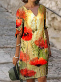 Ladies V-neck Oil Printed Casual Shift Dress