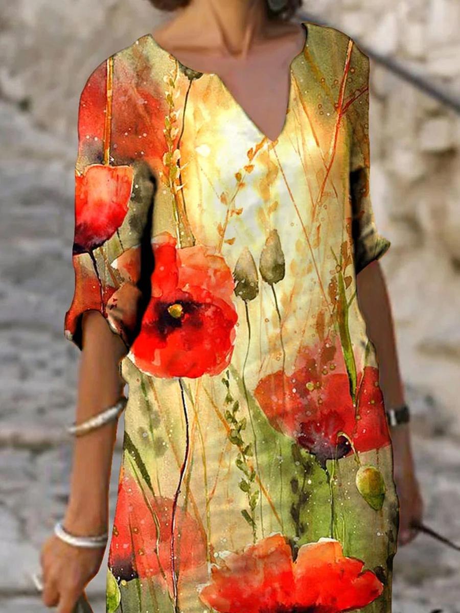 Ladies V-neck Oil Printed Casual Shift Dress