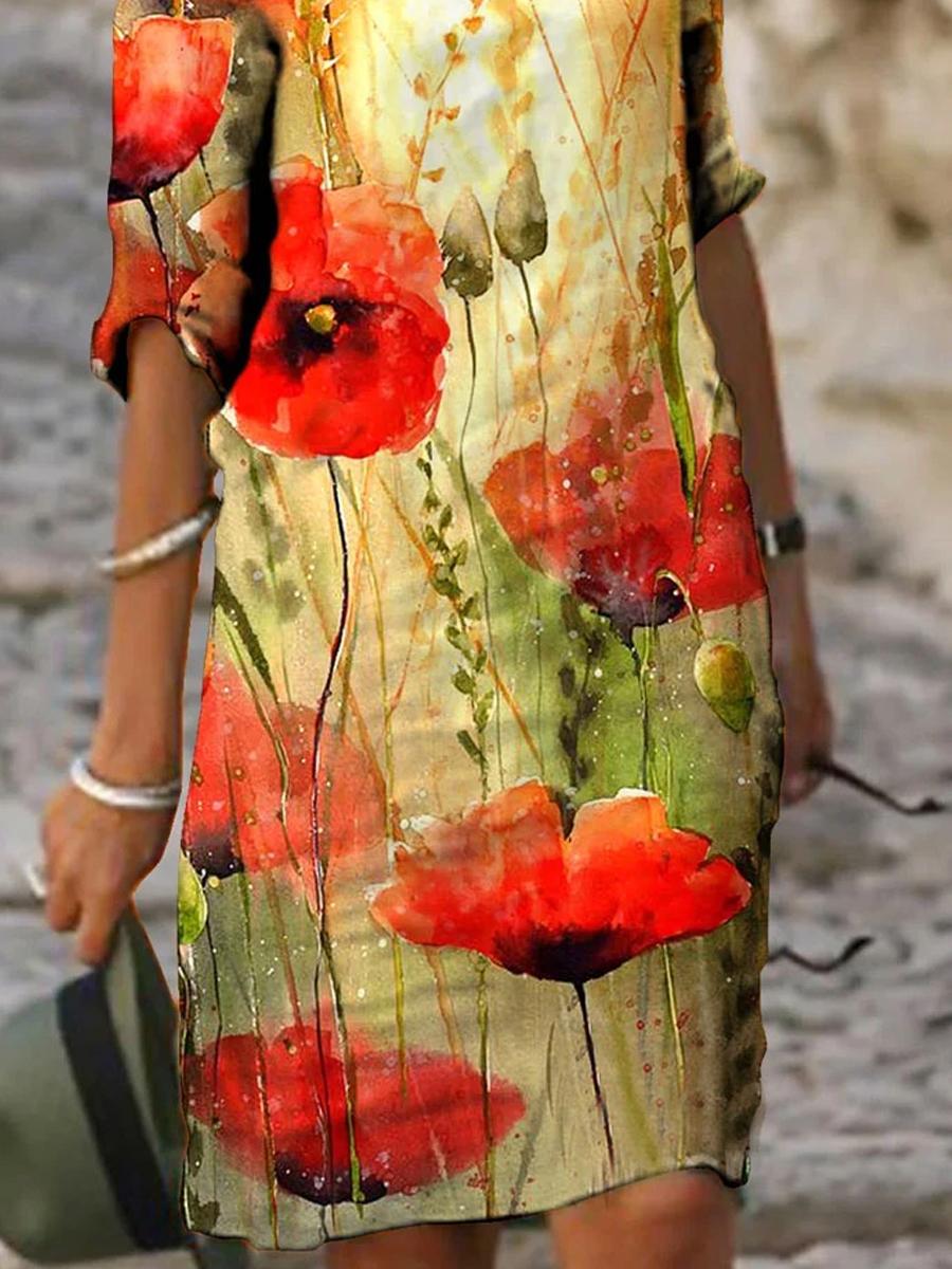 Ladies V-neck Oil Printed Casual Shift Dress
