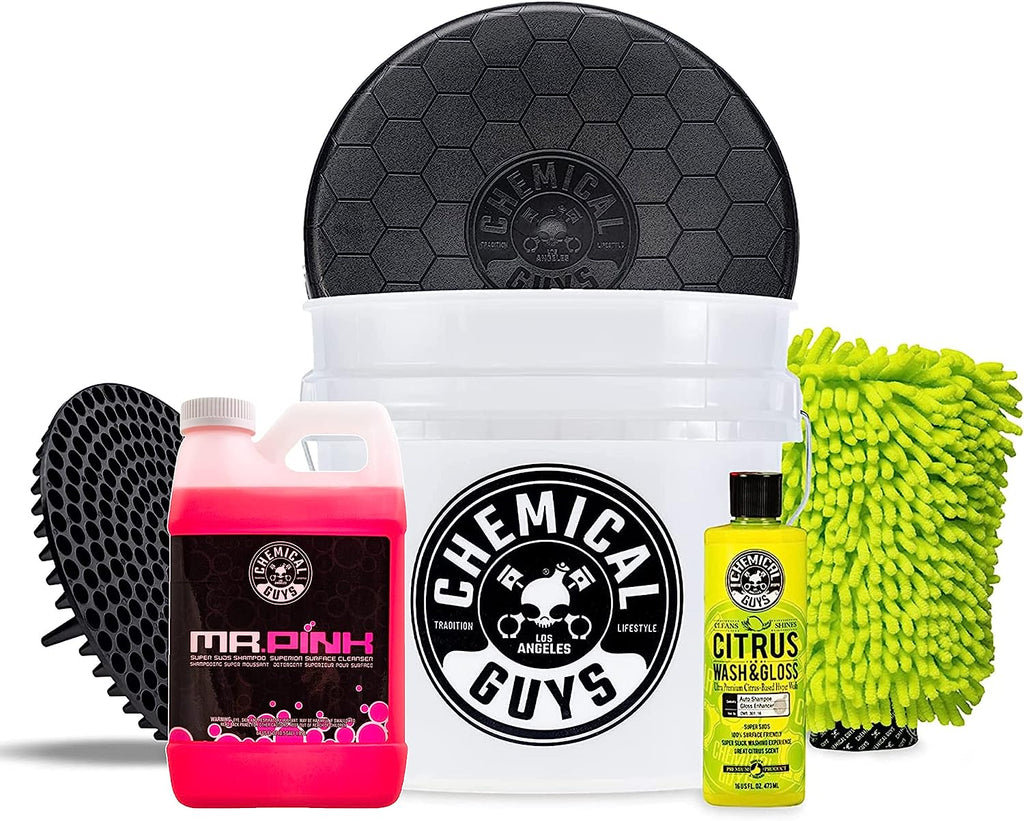 Chemical Guys CWS_402_64BK Car Wash Detailing Bucket, Mitt &amp; Accessories Bundle (6 Items) Featuring Mr. Pink Foaming Car Wash Soap, 64 fl oz (Half Gallon) - Works on Cars, Trucks, SUVs, RVs &amp; More