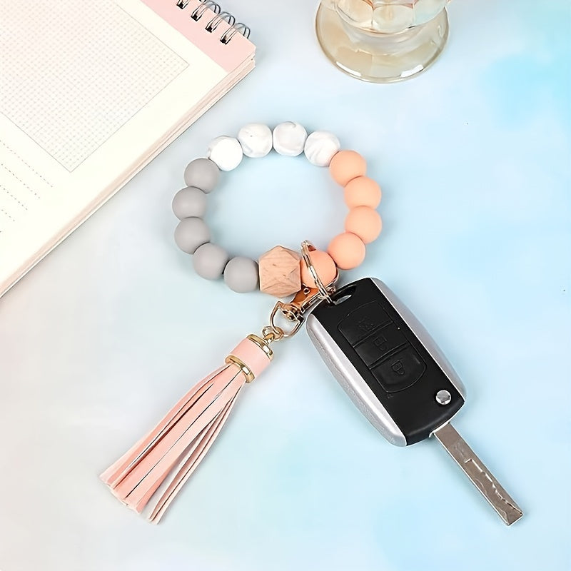 Silicone Beaded Bracelet Keychain, Key Ring Bangle Wristlet Keychain With Faux Leather Tassel For Women/Girls