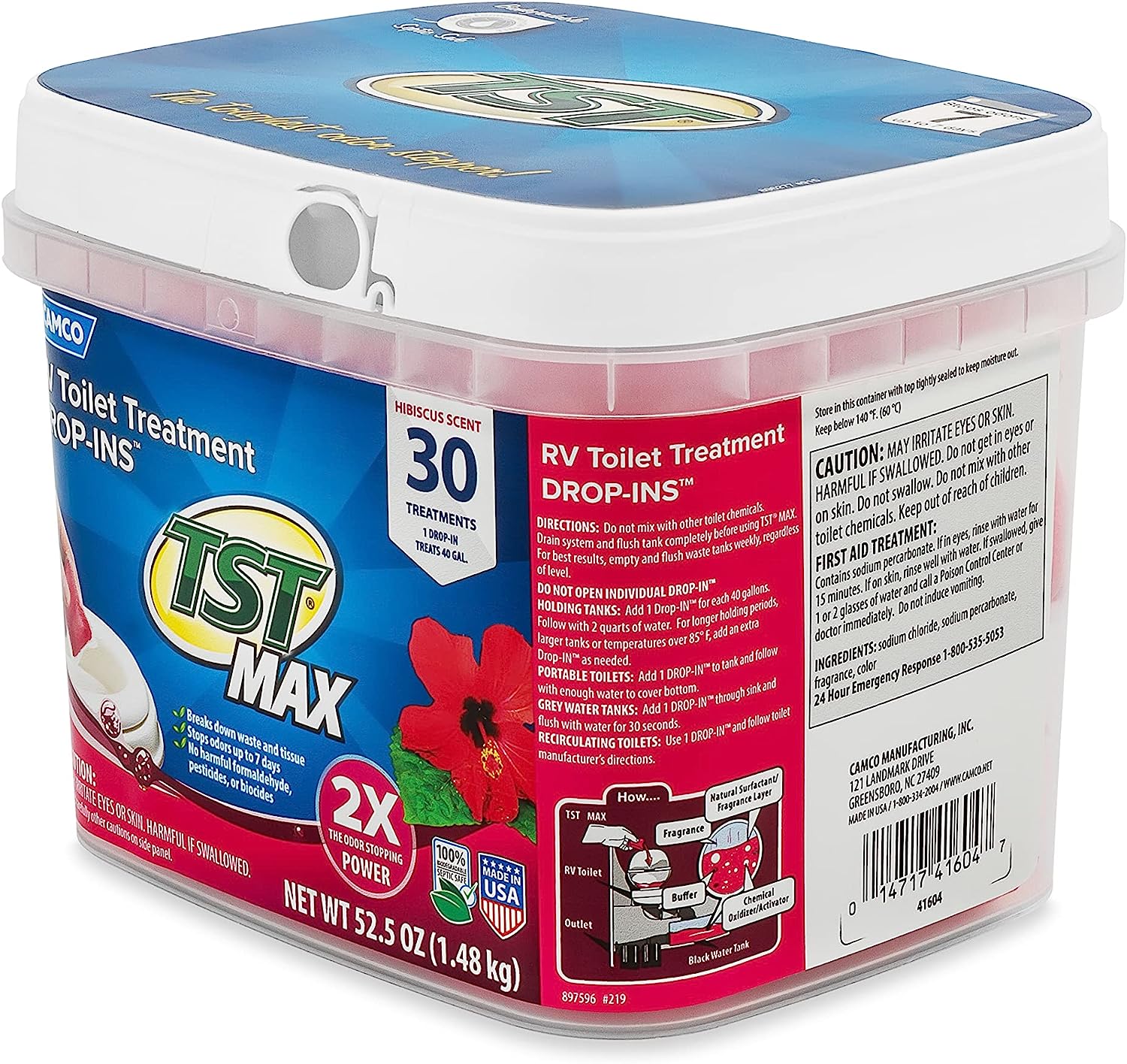 Camco TST MAX RV Toilet Treatment Drop-INs | Control Unwanted Odors and Break Down Waste and Tissue | Septic Tank Safe | Hibiscus Breeze Scent | 30-pack (41604)