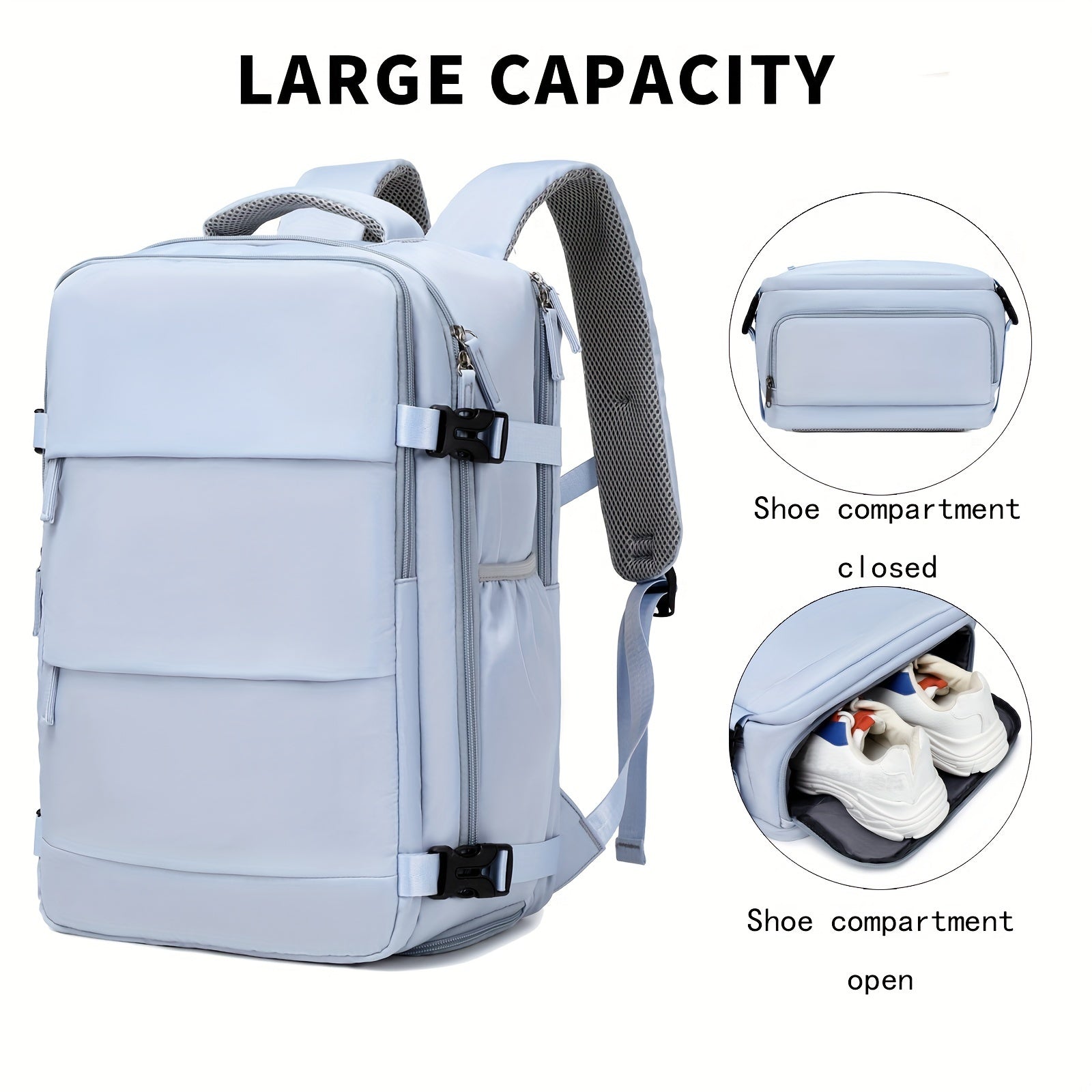 LarCapacity Travel Backpack With Shoe Compartment, Dacron Lightweight Laptop Daypack With Charging Port, Fashion Travel Commuter Bag