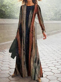 Round Neck Stripe Print Fashion Long Sleeve Casual Maxi Dress