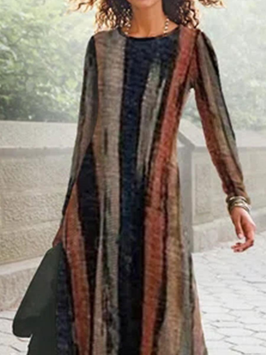 Round Neck Stripe Print Fashion Long Sleeve Casual Maxi Dress