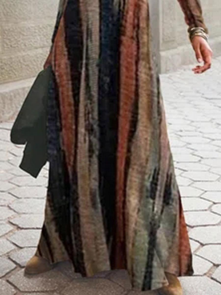 Round Neck Stripe Print Fashion Long Sleeve Casual Maxi Dress