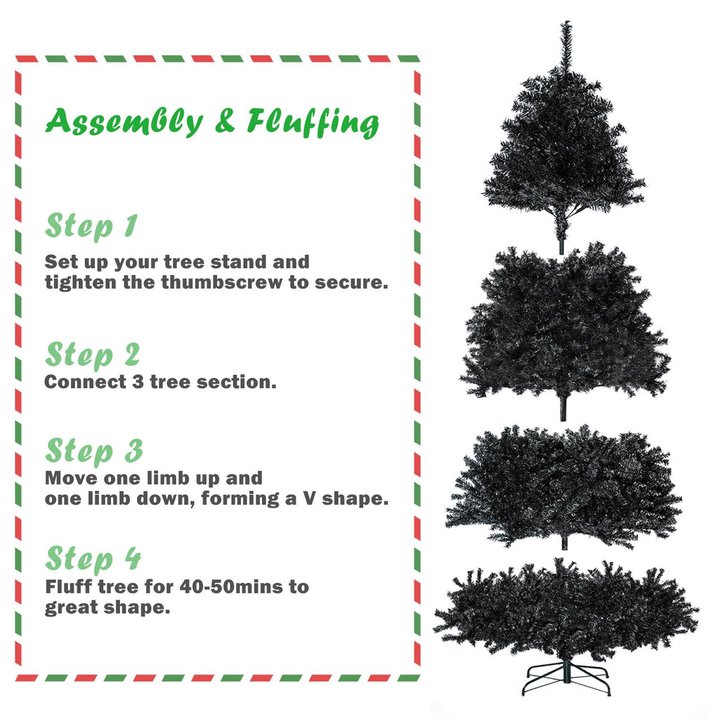 7.5ft Black Christmas Tree, Black Artificial Christmas Tree, 1750 PVC Branch Tips, Classic Xmas Tree with Metal Hinges and Sturdy Metal Stand, Seasonal Holiday Decoration for Home, Office, Party