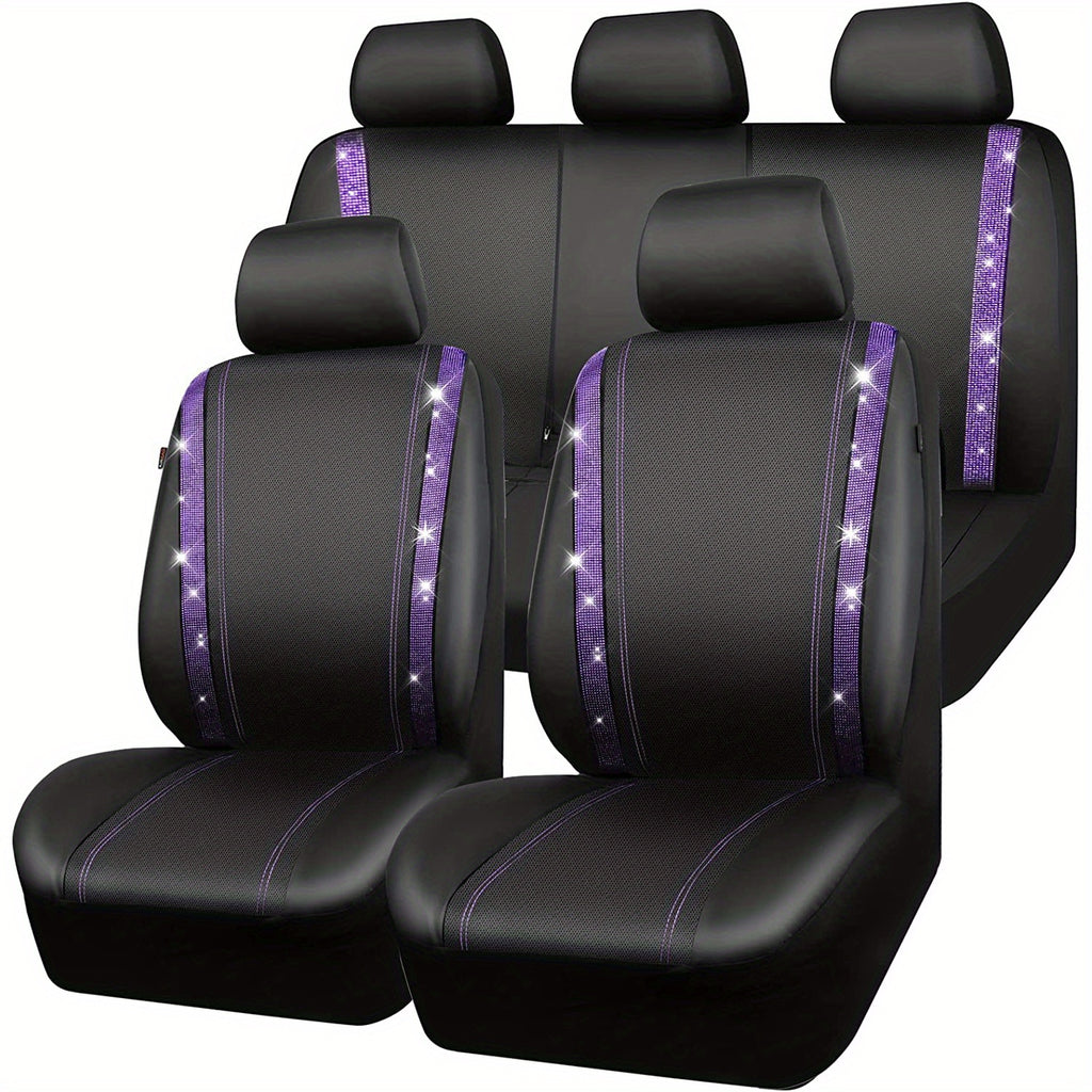 Bling Car Seat Covers Full Set, Shining Rhinestone Waterproof Leather Seat Covers For Women,Universal Fit 95% Automotive, Silver Artificial Diamond
