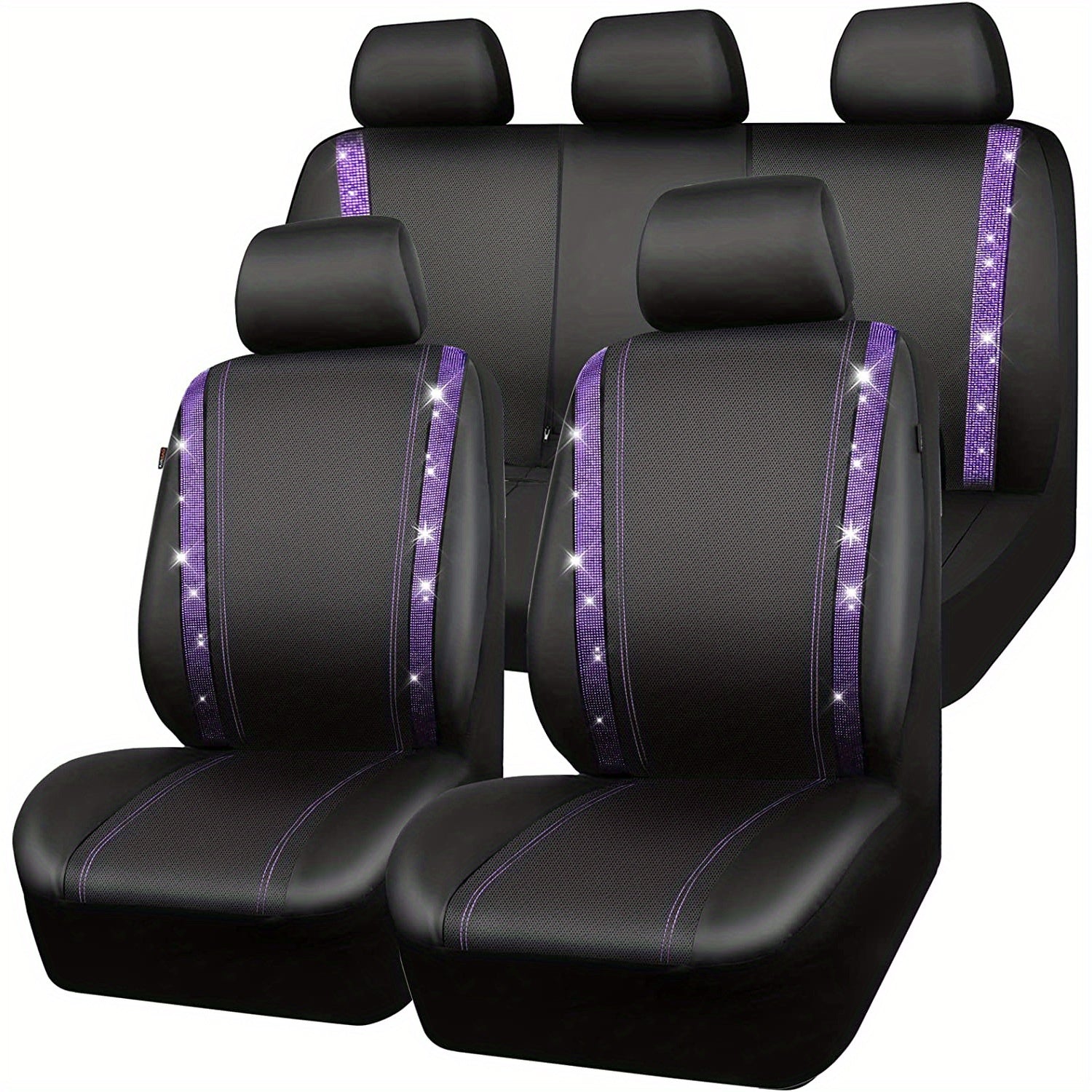 Bling Car Seat Covers Full Set, Shining Rhinestone Waterproof Leather Seat Covers For Women,Universal Fit 95% Automotive, Silver Artificial Diamond
