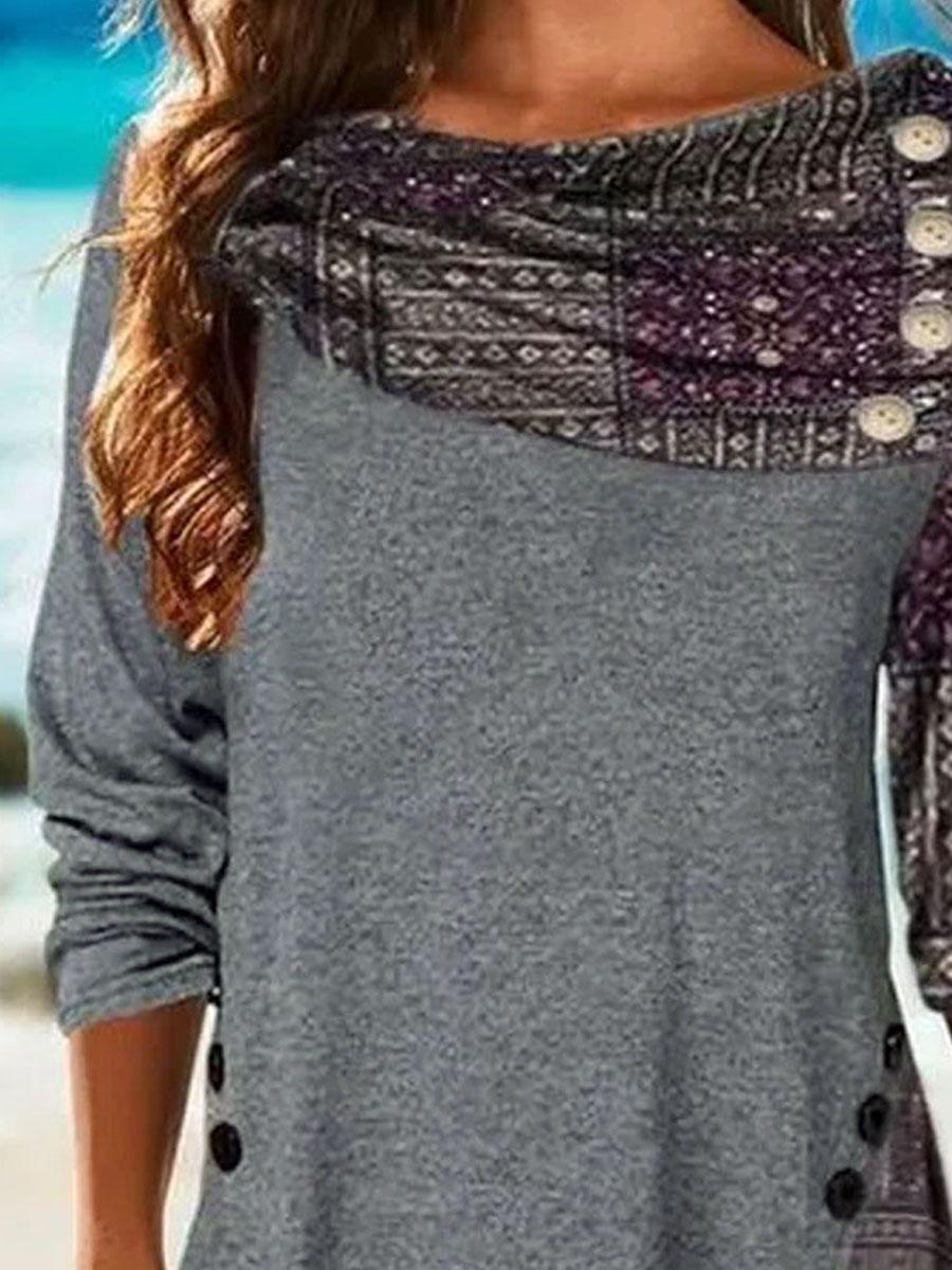 Casual Loose Retro Printed Long-sleeved T-shirt