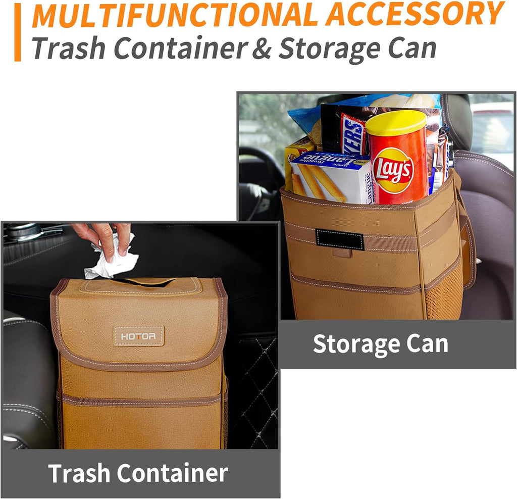 HOTOR Car Trash Can with Lid, Brown Car Trash Bag Hanging with Storage Pockets, Leak-Proof Car Garbage Can with Adjustable Straps, Magnetic Snaps, Waterproof Car Garbage Bin for Interior Car