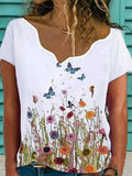 Flower Print V-neck Short-sleeved Casual T-shirt