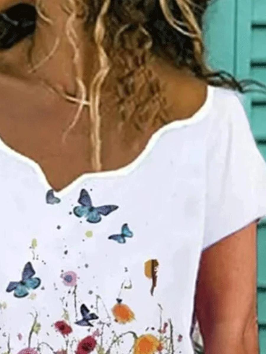 Flower Print V-neck Short-sleeved Casual T-shirt