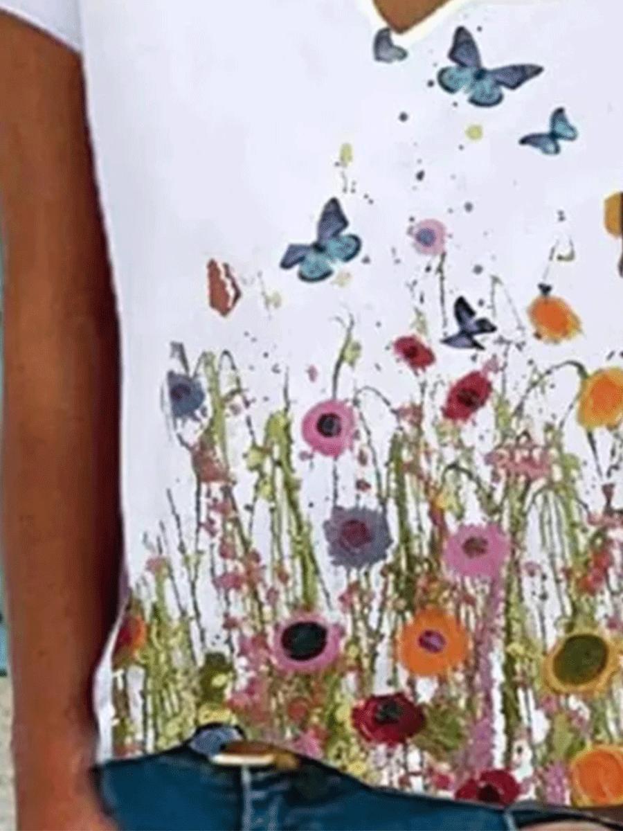 Flower Print V-neck Short-sleeved Casual T-shirt