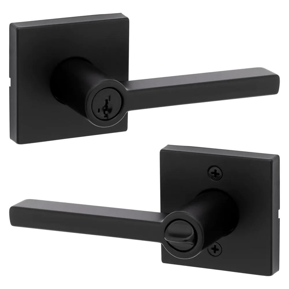 Halifax Square Matte Black Keyed Entry Door Lever Featuring SmartKey Security
