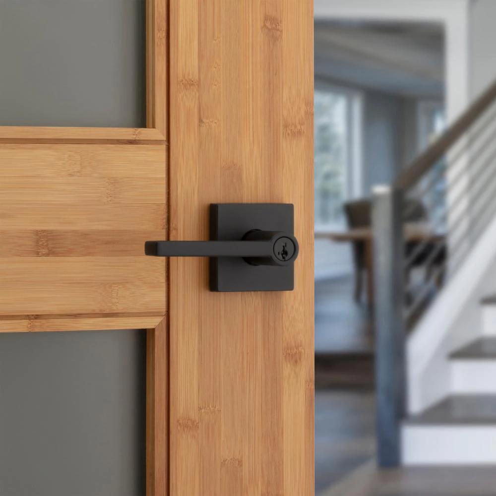 Halifax Square Matte Black Keyed Entry Door Lever Featuring SmartKey Security