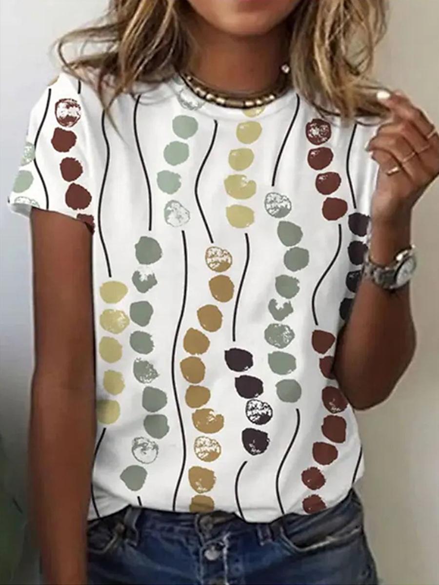 Women's Polka Dot Patchwork Print Round Neck Basic T-shirt