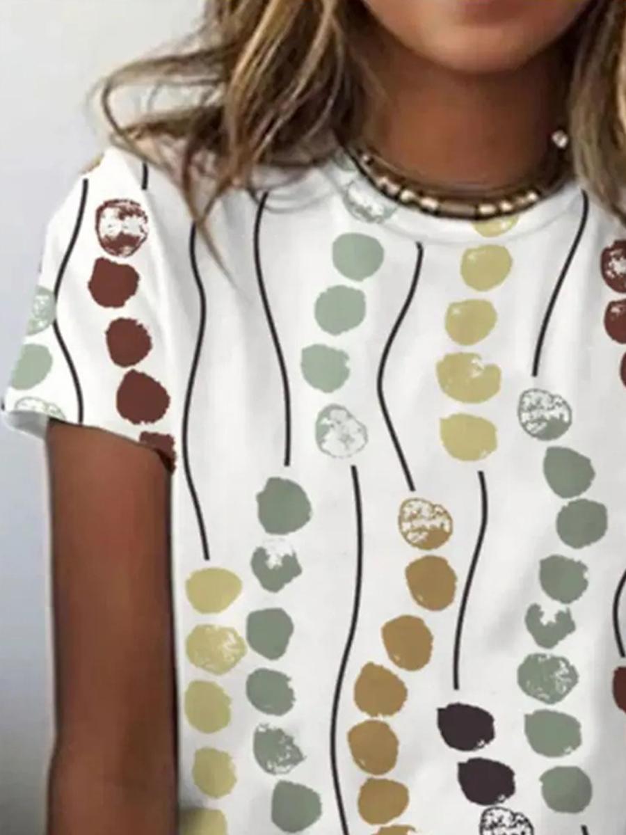 Women's Polka Dot Patchwork Print Round Neck Basic T-shirt