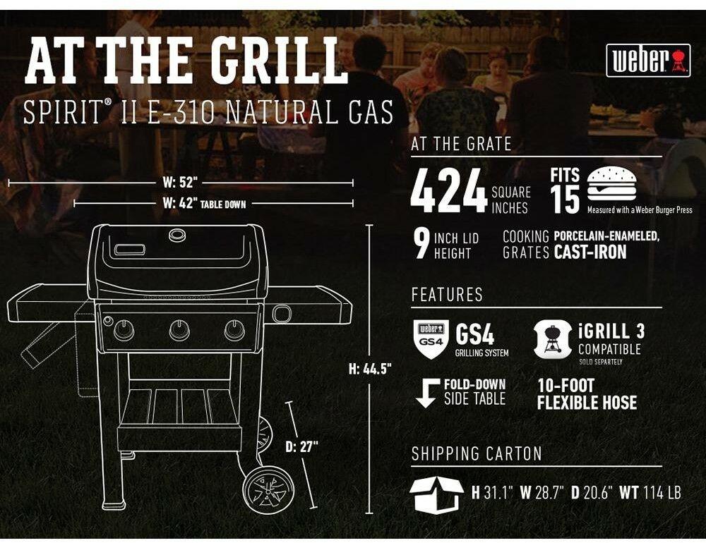 Gas BBQ Grill  Spirit II E-310 3-Burner Natural Black Cart Thermometer