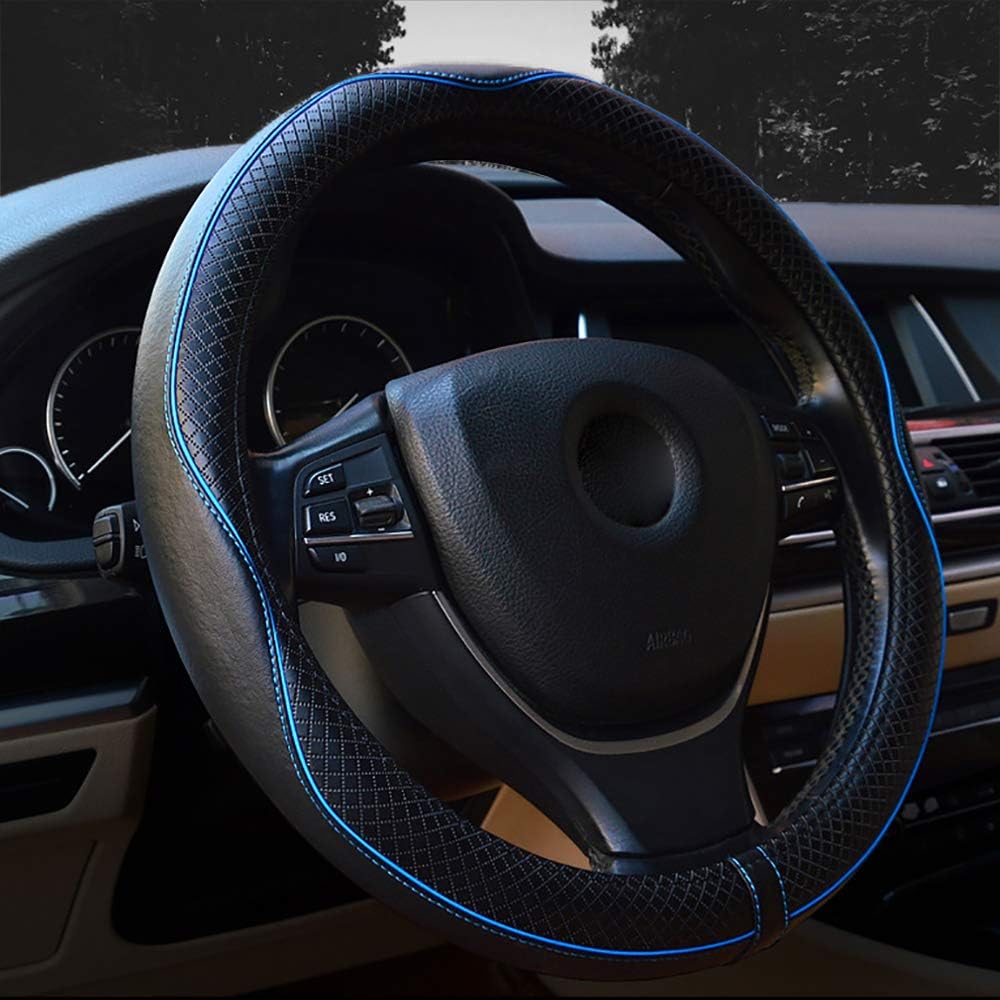 Valleycomfy Steering Wheel Covers Universal 15 inch - Genuine Leather, Breathable, Anti Slip &amp; Odor (Black with Blue Lines, M(14" 1/2-15" 1/4))