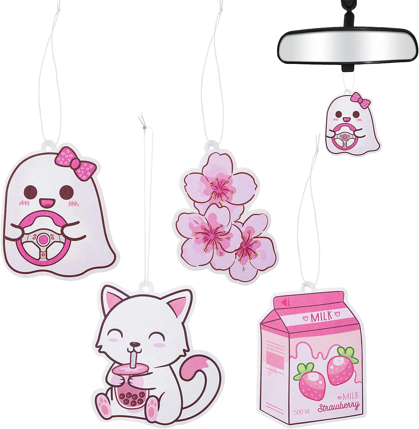 Car Air Freshener Kawaii Incense Chips Scented Ornament, Car Rearview Mirror Pendant, 4 Styles and Scents Of Bubble Tea Strawberry Milk Sakura Hanging Ornament Vent Decoration Cute Aromatic For Party Supplies
