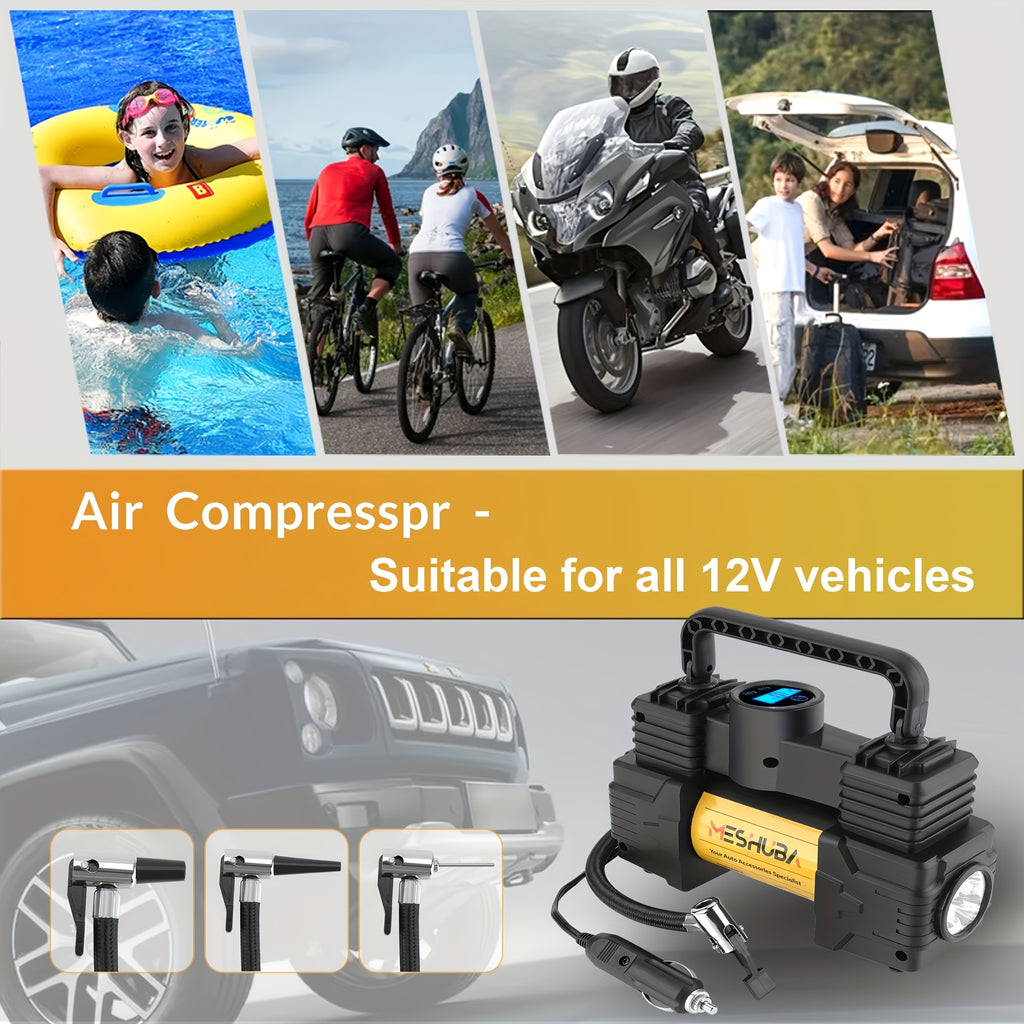 MESHUBA Tire Inflator 12V Portable Air Compressor, 150PSI Air Pump For Car Tires With Digital Pressure GauFor Car Bike Motor Ball, Yellow