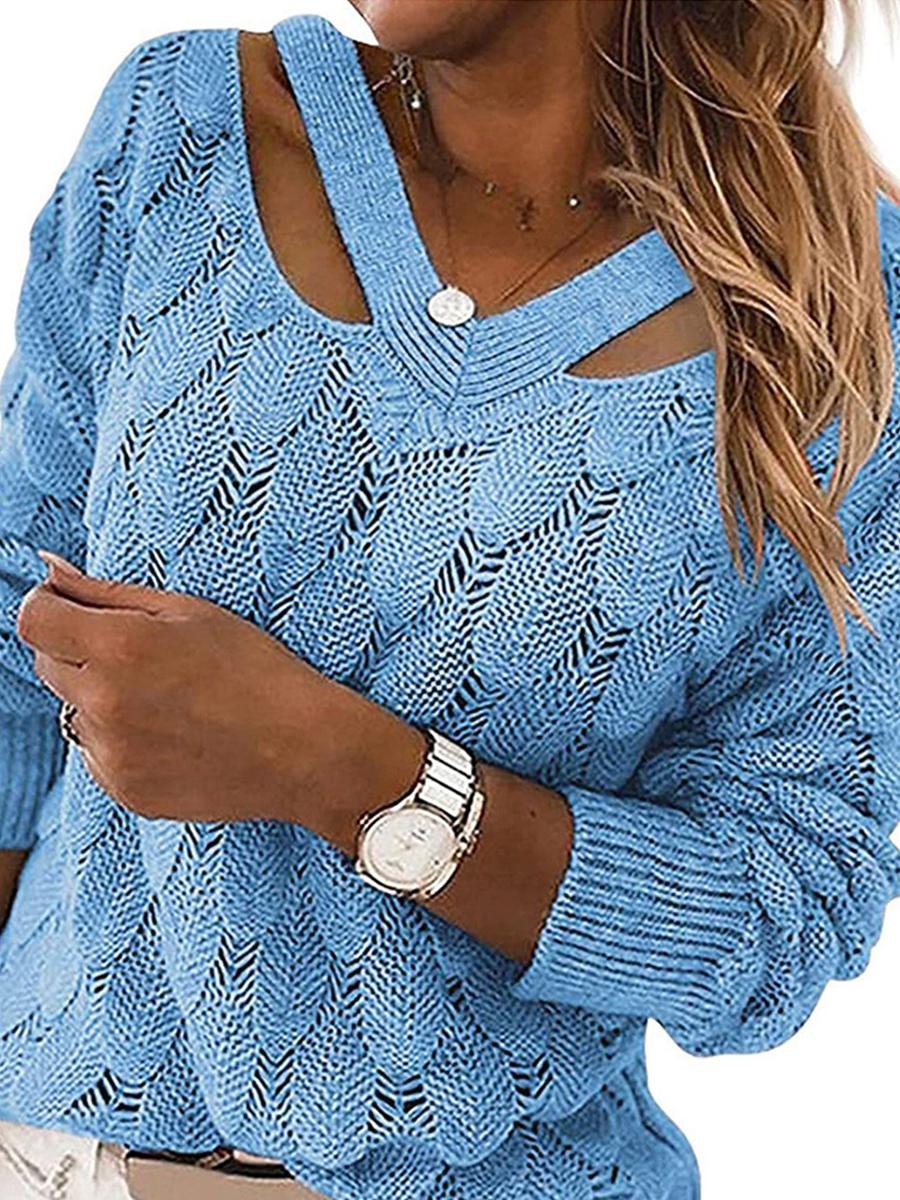 V-neck Off-shoulder Solid Color Pullover