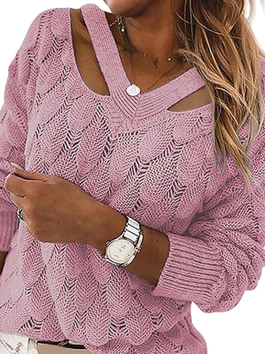 V-neck Off-shoulder Solid Color Pullover