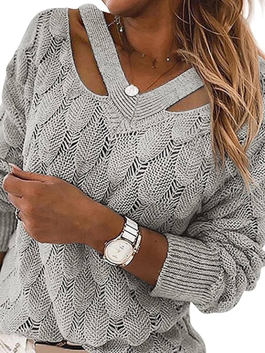 V-neck Off-shoulder Solid Color Pullover
