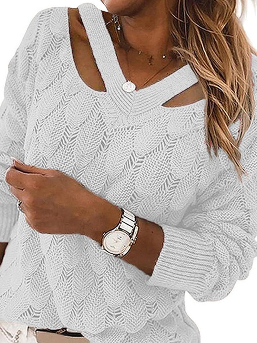 V-neck Off-shoulder Solid Color Pullover