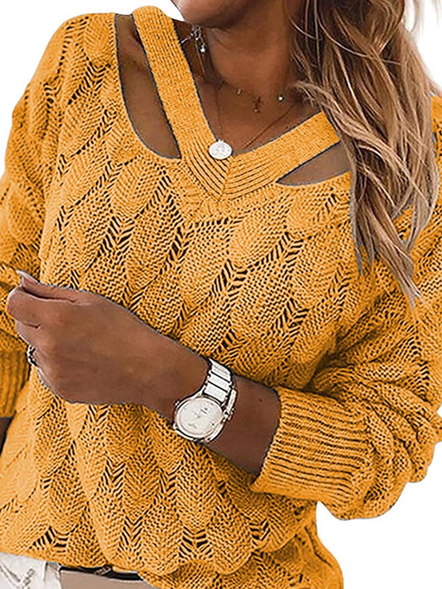 V-neck Off-shoulder Solid Color Pullover
